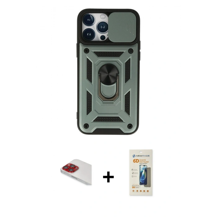 MARSİLYAN™- iPhone 13 Pro Max Kılıf Ahenk Klasik - Siyah 6D Mat Seramik Hayalet Nano Ekran Koruyucu + Pers Alüminyum Kamera Lens - KI