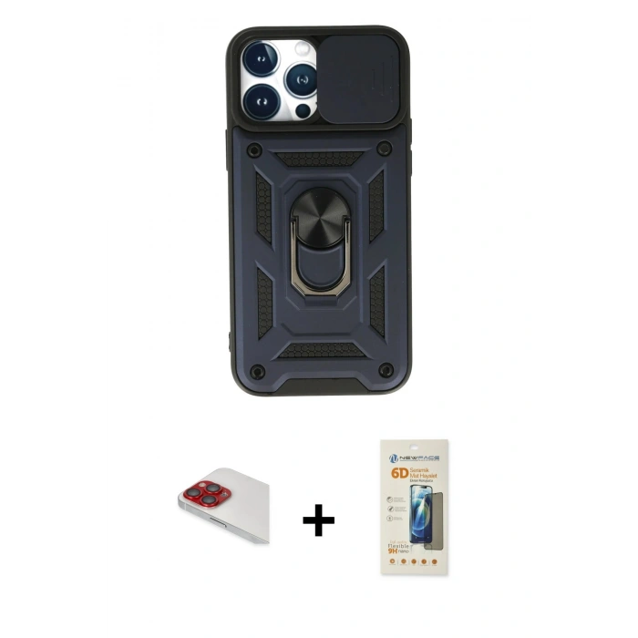MARSİLYAN™- iPhone 13 Pro Max Kılıf Ahenk Klasik - Siyah 6D Mat Seramik Hayalet Nano Ekran Koruyucu + Pers Alüminyum Kamera Lens - KI