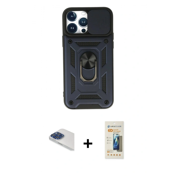 MARSİLYAN™- iPhone 13 Pro Max Kılıf Ahenk Klasik - Siyah 6D Mat Seramik Hayalet Nano Ekran Koruyucu + Pers Alüminyum Kamera Lens - LT