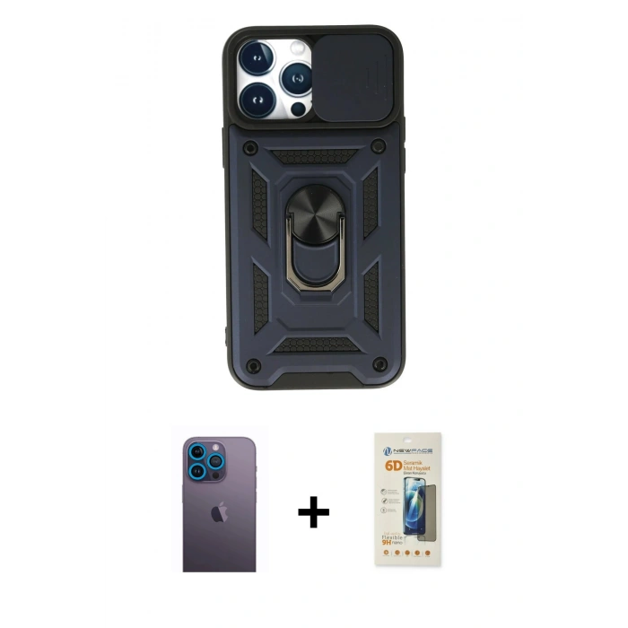 MARSİLYAN™- iPhone 13 Pro Max Kılıf Ahenk Klasik - Siyah 6D Mat Seramik Hayalet Nano Ekran Koruyucu + Mavi Neon Fosforlu Kamera Lens