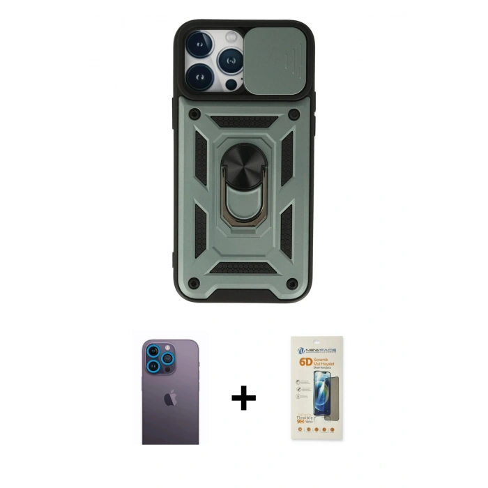 MARSİLYAN™- iPhone 13 Pro Max Kılıf Ahenk Klasik - Siyah 6D Mat Seramik Hayalet Nano Ekran Koruyucu + Mavi Neon Fosforlu Kamera Lens
