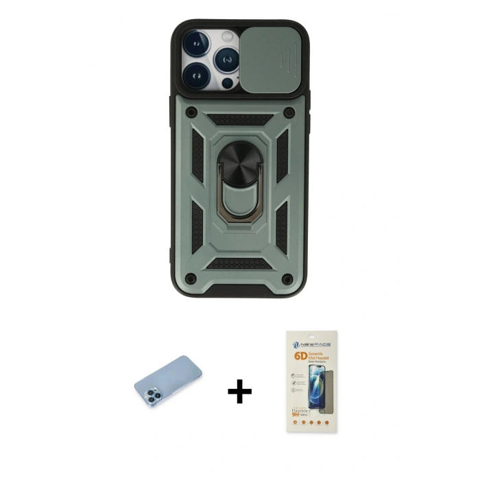 MARSİLYAN™- iPhone 13 Pro Max Kılıf Ahenk Klasik - Siyah 6D Mat Seramik Hayalet Nano Ekran Koruyucu + Shine Kamera Lens Koruma Cam - MI