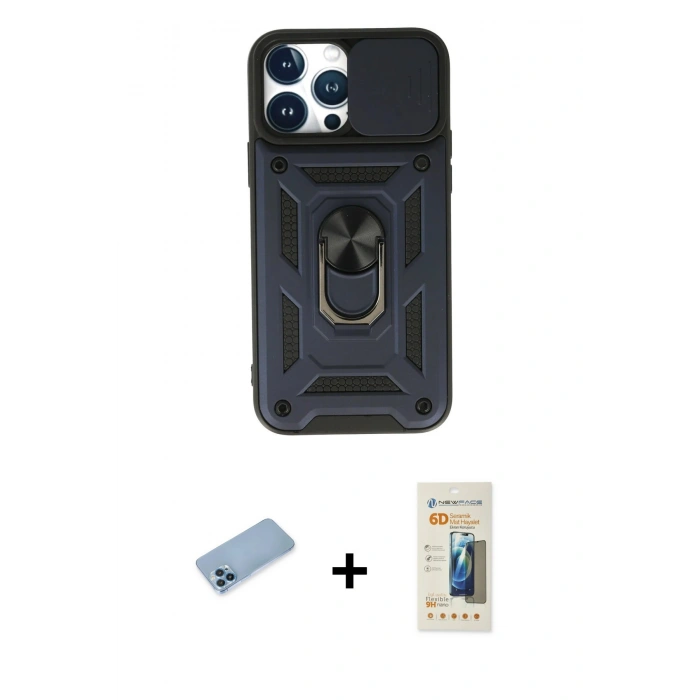 MARSİLYAN™- iPhone 13 Pro Max Kılıf Ahenk Klasik - Siyah 6D Mat Seramik Hayalet Nano Ekran Koruyucu + Shine Kamera Lens Koruma Cam - MI
