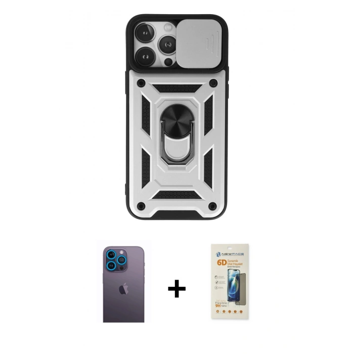 MARSİLYAN™- iPhone 13 Pro Max Kılıf Ahenk Klasik - Siyah 6D Mat Seramik Hayalet Nano Ekran Koruyucu + Mavi Neon Fosforlu Kamera Lens