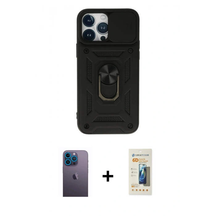 MARSİLYAN™- iPhone 13 Pro Max Kılıf Ahenk Klasik - Siyah 6D Mat Seramik Hayalet Nano Ekran Koruyucu + Mavi Neon Fosforlu Kamera Lens