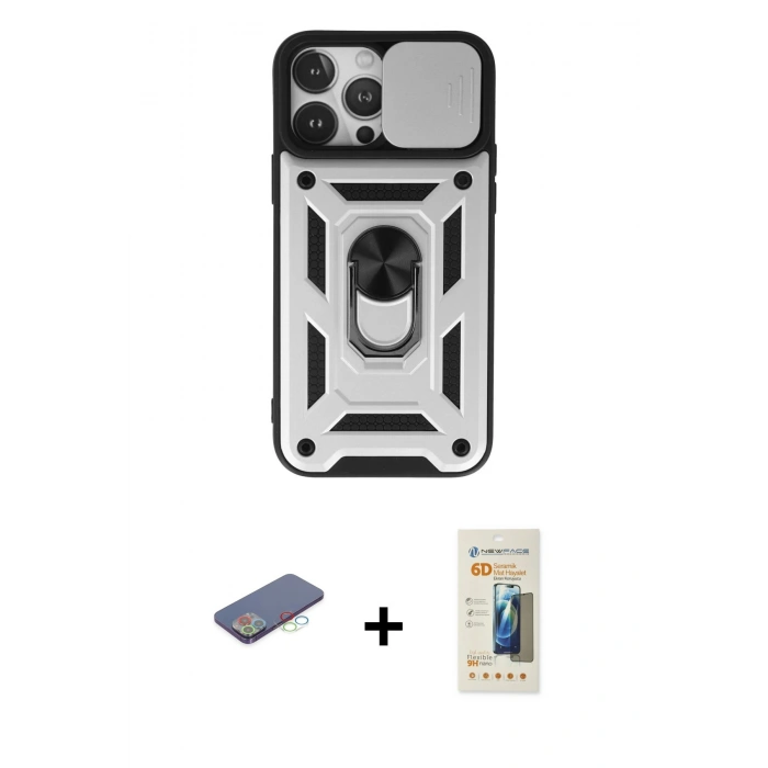 MARSİLYAN™- iPhone 13 Pro Max Kılıf Ahenk Klasik - Siyah 6D Mat Seramik Hayalet Nano Ekran Koruyucu + Renkli Kamera Lens Koruma Cam - MI