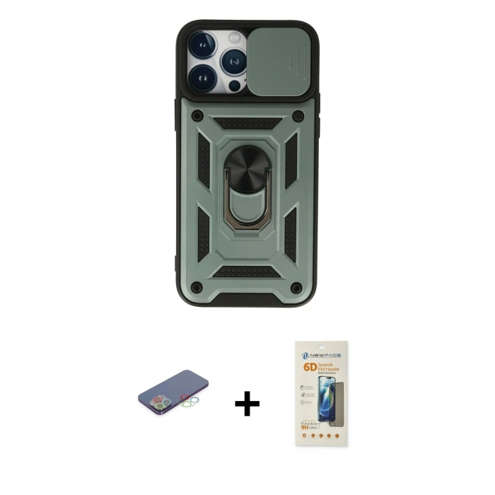 MARSİLYAN™- iPhone 13 Pro Max Kılıf Ahenk Klasik - Siyah 6D Mat Seramik Hayalet Nano Ekran Koruyucu + Renkli Kamera Lens Koruma Cam - MI
