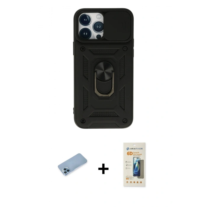 MARSİLYAN™- iPhone 13 Pro Max Kılıf Ahenk Klasik - Siyah 6D Mat Seramik Hayalet Nano Ekran Koruyucu + Shine Kamera Lens Koruma Cam - MI