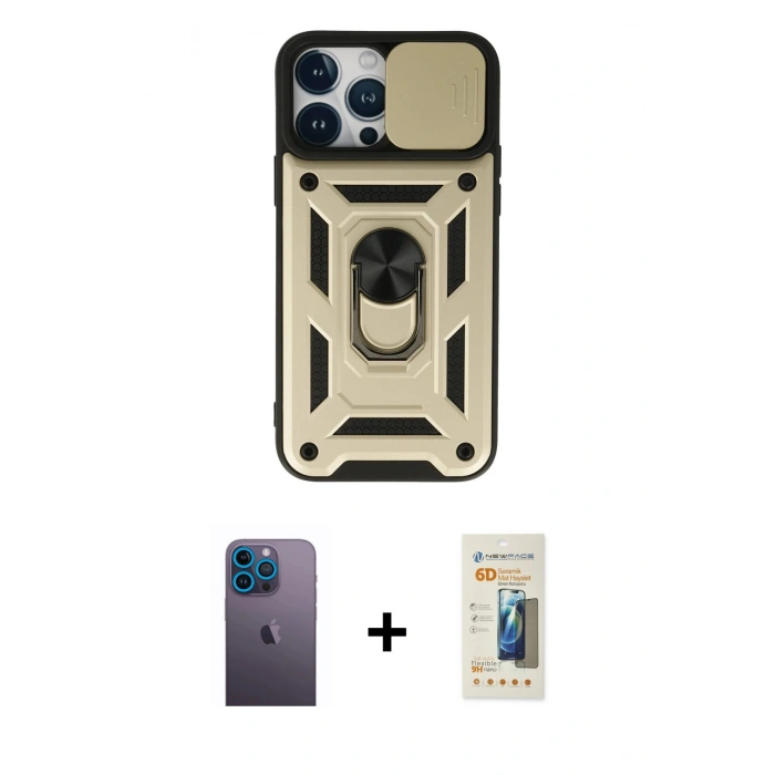MARSİLYAN™- iPhone 13 Pro Max Kılıf Ahenk Klasik - Siyah 6D Mat Seramik Hayalet Nano Ekran Koruyucu + Mavi Neon Fosforlu Kamera Lens