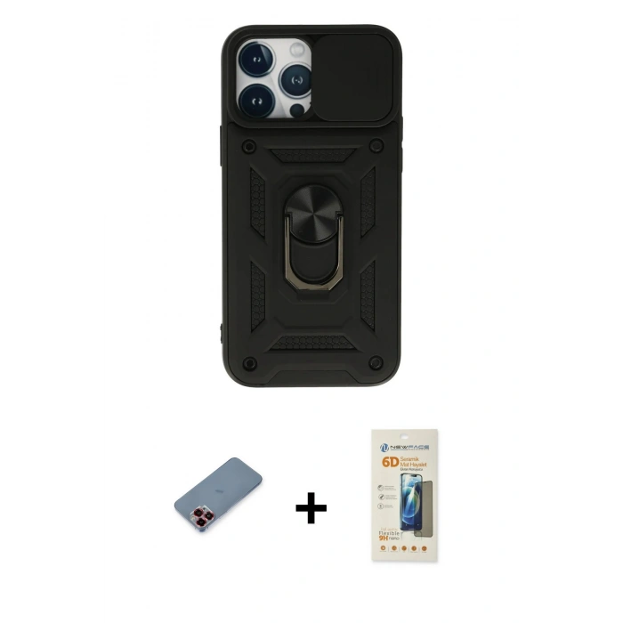 MARSİLYAN™- iPhone 13 Pro Max Kılıf Ahenk Klasik - Siyah 6D Mat Seramik Hayalet Nano Ekran Koruyucu + Metal Kamera Lens Koruma Cam - KI