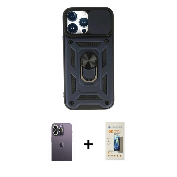 MARSİLYAN™- iPhone 13 Pro Max Kılıf Ahenk Klasik - Siyah 6D Mat Seramik Hayalet Nano Ekran Koruyucu + Neon Fosforlu Kamera Lens - BZ