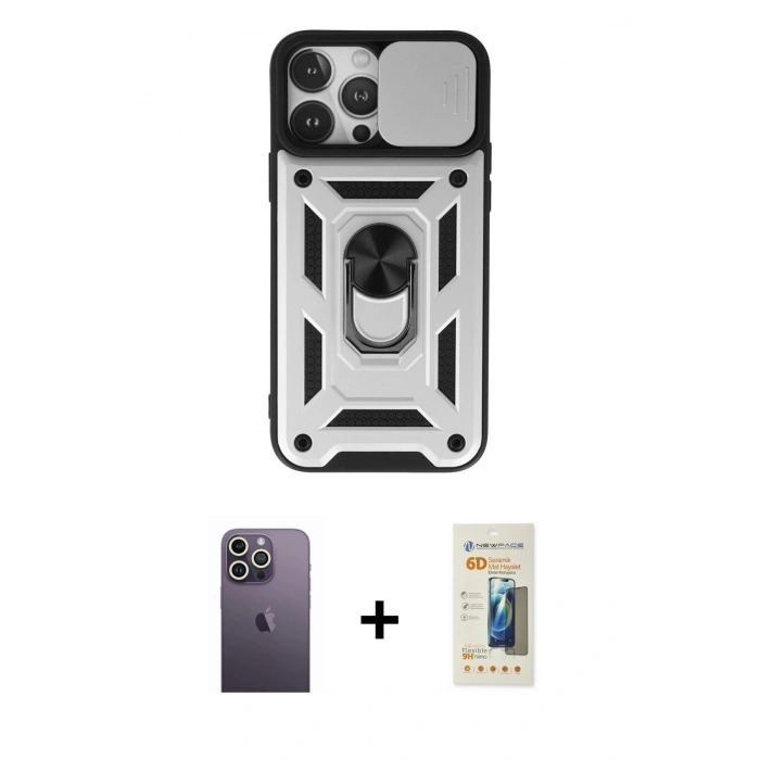 MARSİLYAN™- iPhone 13 Pro Max Kılıf Ahenk Klasik - Siyah 6D Mat Seramik Hayalet Nano Ekran Koruyucu + Neon Fosforlu Kamera Lens - BZ