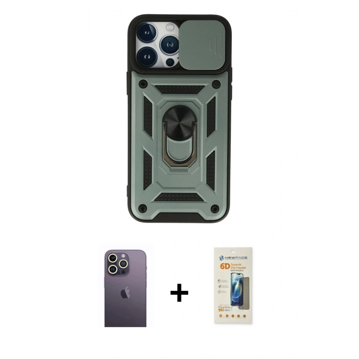 MARSİLYAN™- iPhone 13 Pro Max Kılıf Ahenk Klasik - Siyah 6D Mat Seramik Hayalet Nano Ekran Koruyucu + Neon Fosforlu Kamera Lens - BZ