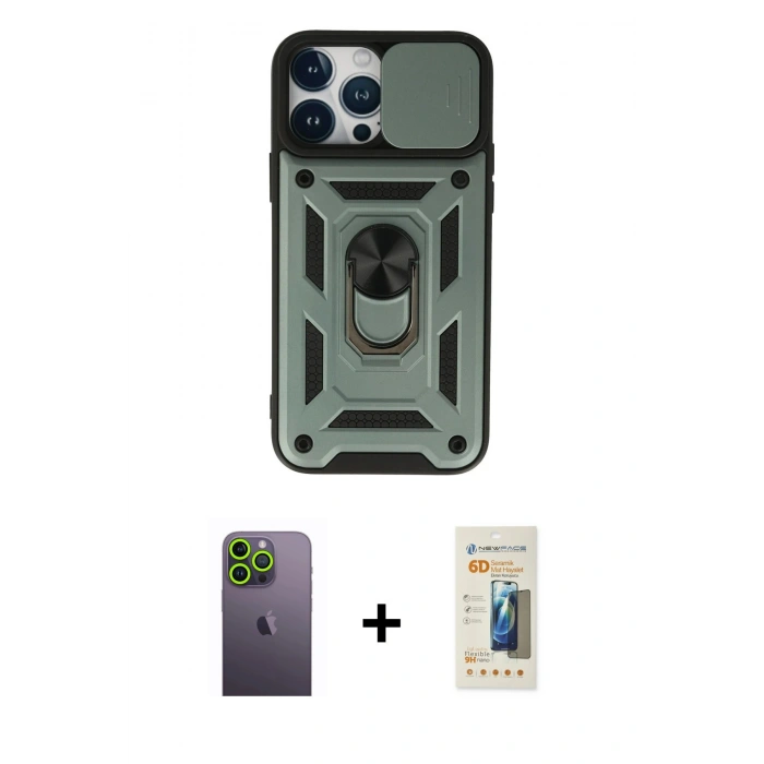 MARSİLYAN™- iPhone 13 Pro Max Kılıf Ahenk Klasik - Siyah 6D Mat Seramik Hayalet Nano Ekran Koruyucu + Neon Fosforlu Kamera Lens - YL