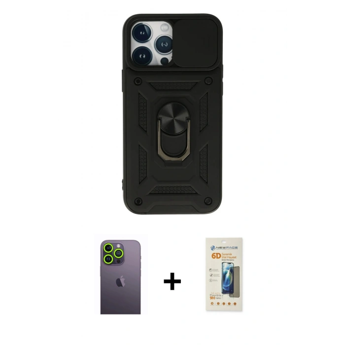 MARSİLYAN™- iPhone 13 Pro Max Kılıf Ahenk Klasik - Siyah 6D Mat Seramik Hayalet Nano Ekran Koruyucu + Neon Fosforlu Kamera Lens - YL