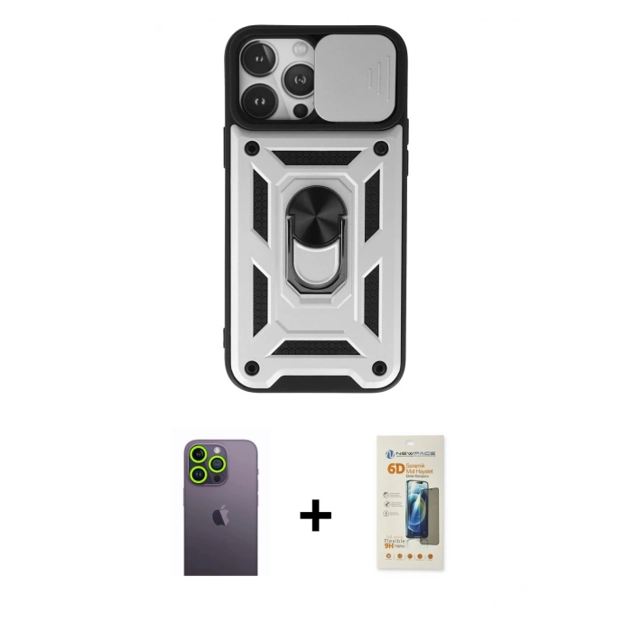 MARSİLYAN™- iPhone 13 Pro Max Kılıf Ahenk Klasik - Siyah 6D Mat Seramik Hayalet Nano Ekran Koruyucu + Neon Fosforlu Kamera Lens - YL