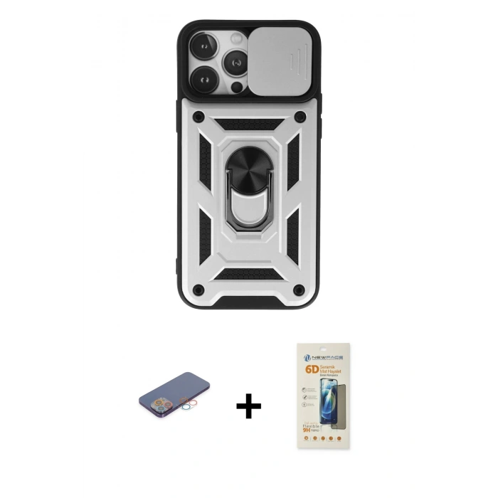 MARSİLYAN™- iPhone 13 Pro Max Kılıf Ahenk Klasik - Siyah 6D Mat Seramik Hayalet Nano Ekran Koruyucu + Renkli Kamera Lens Koruma Cam - PE