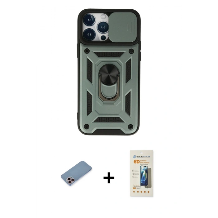MARSİLYAN™- iPhone 13 Pro Max Kılıf Ahenk Klasik - Siyah 6D Mat Seramik Hayalet Nano Ekran Koruyucu + Pembe Shine Kamera Lens Koruma Cam