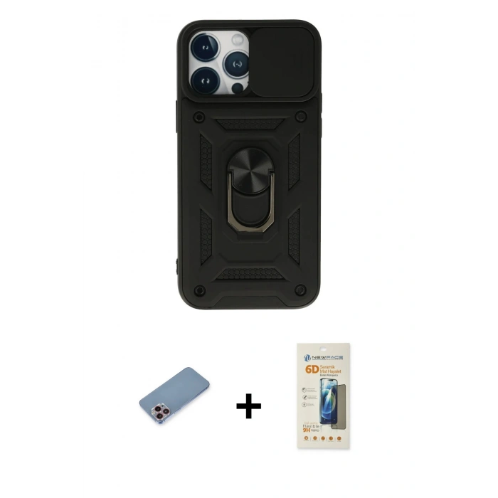 MARSİLYAN™- iPhone 13 Pro Max Kılıf Ahenk Klasik - Siyah 6D Mat Seramik Hayalet Nano Ekran Koruyucu + Pembe Shine Kamera Lens Koruma Cam