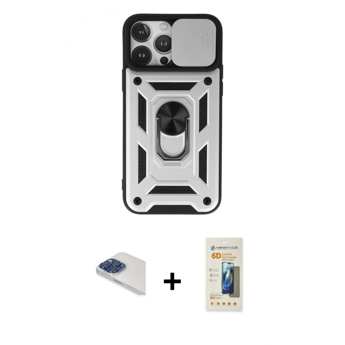 MARSİLYAN™- iPhone 13 Pro Max Kılıf Ahenk Klasik - Siyah 6D Mat Seramik Hayalet Nano Ekran Koruyucu + Pers Alüminyum Kamera Lens - LT