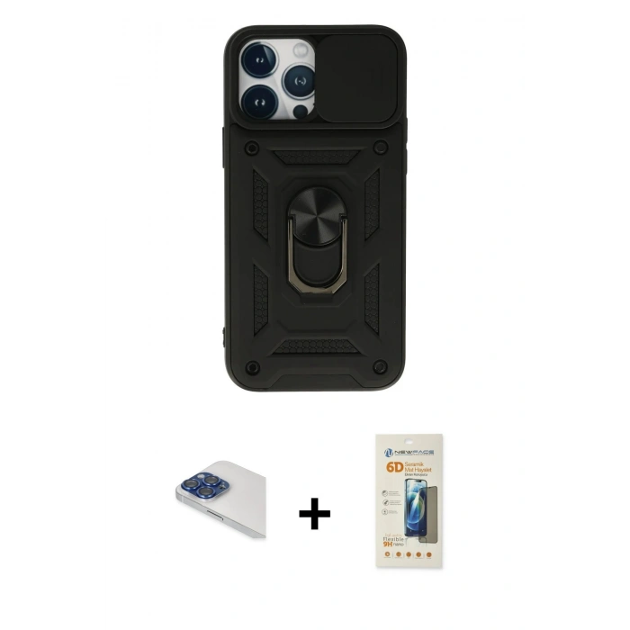 MARSİLYAN™- iPhone 13 Pro Max Kılıf Ahenk Klasik - Siyah 6D Mat Seramik Hayalet Nano Ekran Koruyucu + Pers Alüminyum Kamera Lens - LT