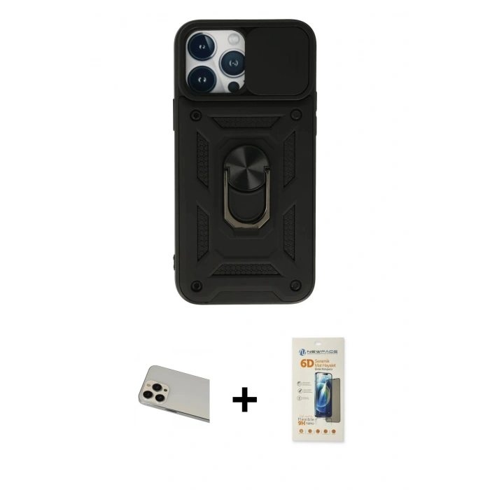 MARSİLYAN™- iPhone 13 Pro Max Kılıf Ahenk Klasik - Siyah 6D Mat Seramik Hayalet Nano Ekran Koruyucu + Rainbow Kamera Lens Koruma Cam - REGD