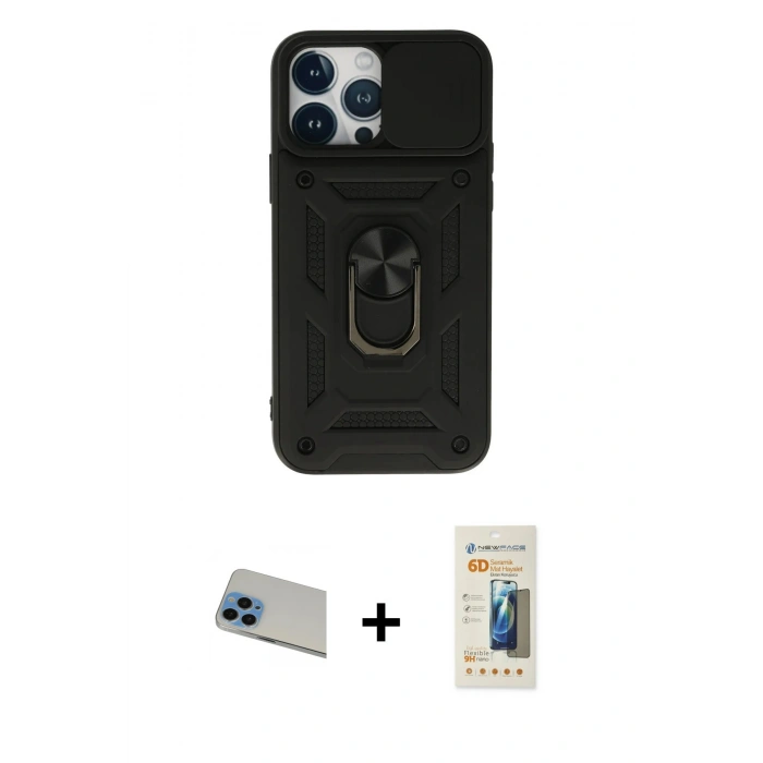 MARSİLYAN™- iPhone 13 Pro Max Kılıf Ahenk Klasik - Siyah 6D Mat Seramik Hayalet Nano Ekran Koruyucu + Rainbow Kamera Lens Koruma Cam - MI