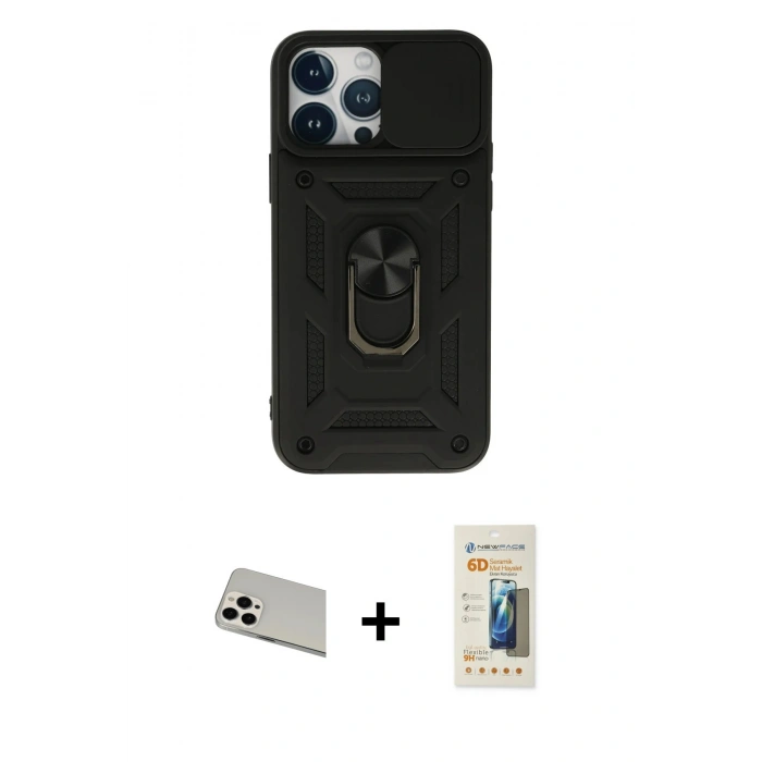 MARSİLYAN™- iPhone 13 Pro Max Kılıf Ahenk Klasik - Siyah 6D Mat Seramik Hayalet Nano Ekran Koruyucu + Rainbow Kamera Lens Koruma Cam - BZ
