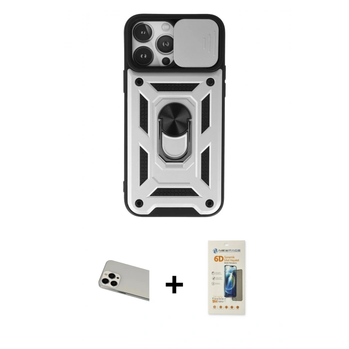 MARSİLYAN™- iPhone 13 Pro Max Kılıf Ahenk Klasik - Siyah 6D Mat Seramik Hayalet Nano Ekran Koruyucu + Rainbow Kamera Lens Koruma Cam - BZ