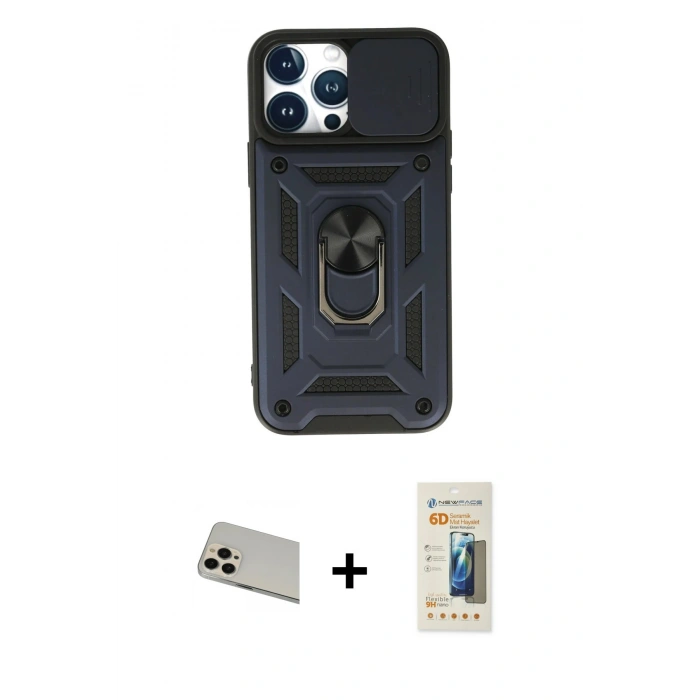 MARSİLYAN™- iPhone 13 Pro Max Kılıf Ahenk Klasik - Siyah 6D Mat Seramik Hayalet Nano Ekran Koruyucu + Rainbow Kamera Lens Koruma Cam - REGD