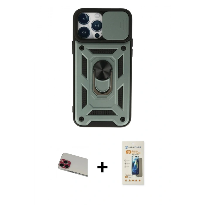 MARSİLYAN™- iPhone 13 Pro Max Kılıf Ahenk Klasik - Siyah 6D Mat Seramik Hayalet Nano Ekran Koruyucu + Rainbow Kamera Lens Koruma Cam - KI