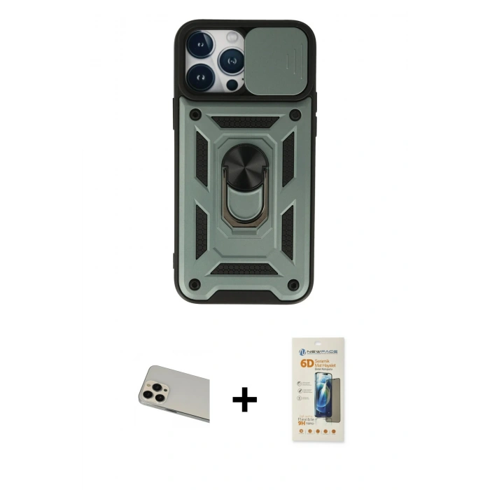 MARSİLYAN™- iPhone 13 Pro Max Kılıf Ahenk Klasik - Siyah 6D Mat Seramik Hayalet Nano Ekran Koruyucu + Rainbow Kamera Lens Koruma Cam - REGD