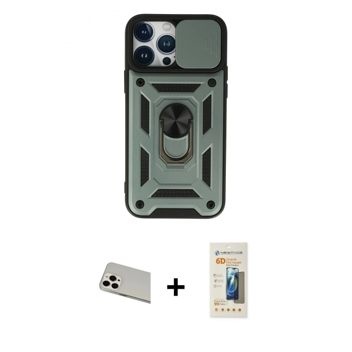 MARSİLYAN™- iPhone 13 Pro Max Kılıf Ahenk Klasik - Siyah 6D Mat Seramik Hayalet Nano Ekran Koruyucu + Rainbow Kamera Lens Koruma Cam - BZ