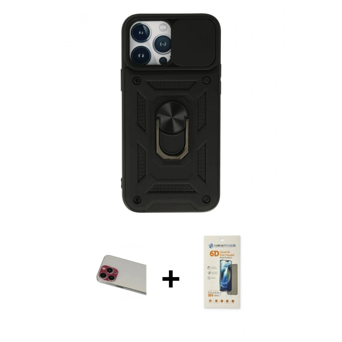 MARSİLYAN™- iPhone 13 Pro Max Kılıf Ahenk Klasik - Siyah 6D Mat Seramik Hayalet Nano Ekran Koruyucu + Rainbow Kamera Lens Koruma Cam - KI