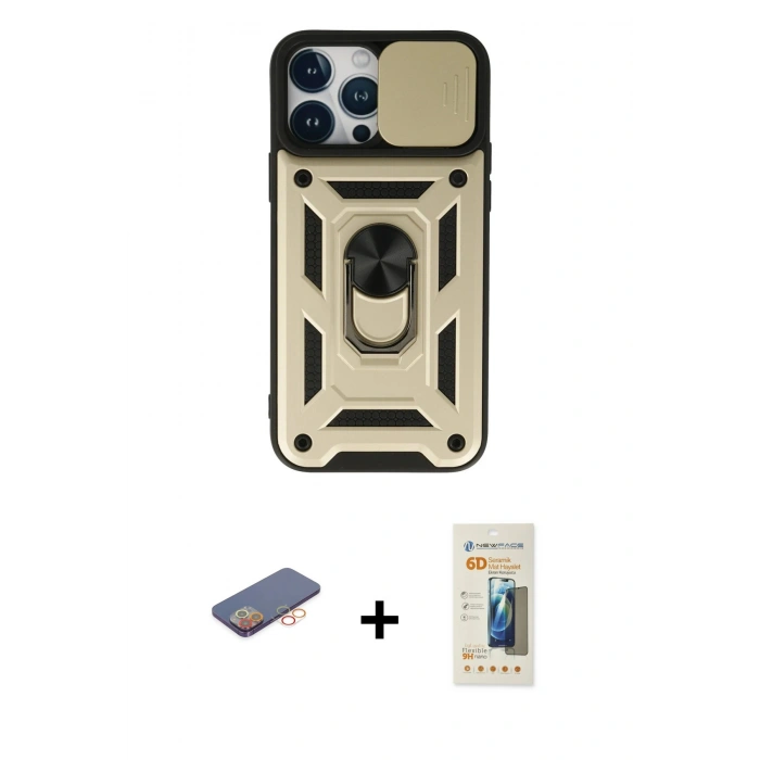 MARSİLYAN™- iPhone 13 Pro Max Kılıf Ahenk Klasik - Siyah 6D Mat Seramik Hayalet Nano Ekran Koruyucu + Renkli Kamera Lens Koruma Cam - TU
