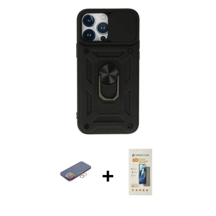 MARSİLYAN™- iPhone 13 Pro Max Kılıf Ahenk Klasik - Siyah 6D Mat Seramik Hayalet Nano Ekran Koruyucu + Renkli Kamera Lens Koruma Cam - TU