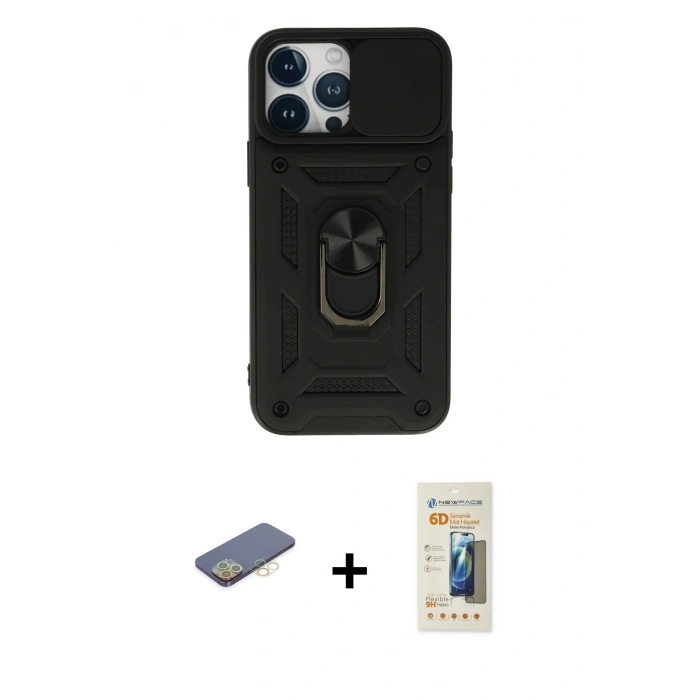 MARSİLYAN™- iPhone 13 Pro Max Kılıf Ahenk Klasik - Siyah 6D Mat Seramik Hayalet Nano Ekran Koruyucu + Renkli Kamera Lens Koruma Cam - SI