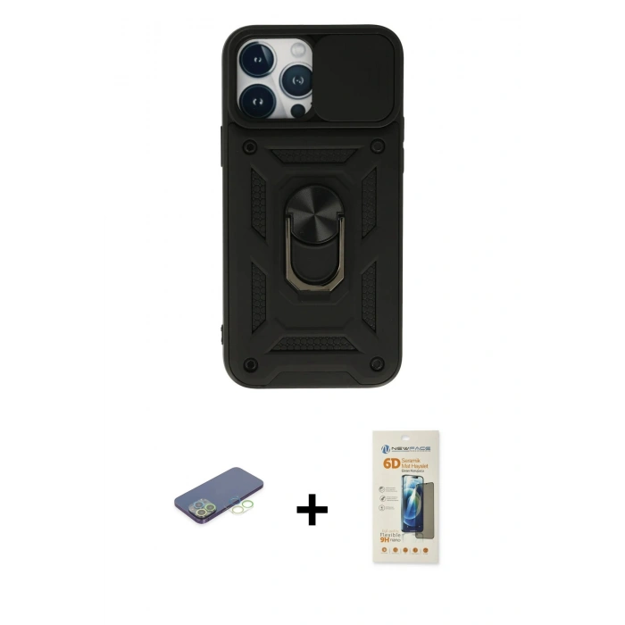 MARSİLYAN™- iPhone 13 Pro Max Kılıf Ahenk Klasik - Siyah 6D Mat Seramik Hayalet Nano Ekran Koruyucu + Renkli Kamera Lens Koruma Cam - YL
