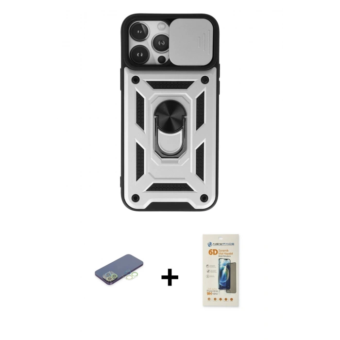 MARSİLYAN™- iPhone 13 Pro Max Kılıf Ahenk Klasik - Siyah 6D Mat Seramik Hayalet Nano Ekran Koruyucu + Renkli Kamera Lens Koruma Cam - YL