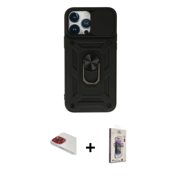 MARSİLYAN™- iPhone 13 Pro Max Kılıf Ahenk Klasik - Siyah Bilvis 3D Cam Ekran Koruyucu + Pers Alüminyum Kamera Lens - KI