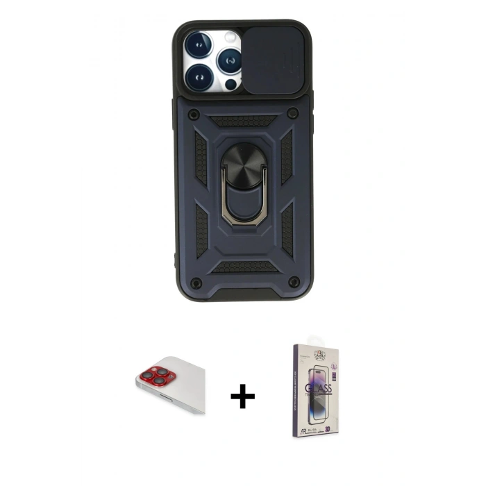MARSİLYAN™- iPhone 13 Pro Max Kılıf Ahenk Klasik - Siyah Bilvis 3D Cam Ekran Koruyucu + Pers Alüminyum Kamera Lens - KI