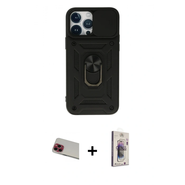 MARSİLYAN™- iPhone 13 Pro Max Kılıf Ahenk Klasik - Siyah Bilvis 3D Cam Ekran Koruyucu + Rainbow Kamera Lens Koruma Cam - KI