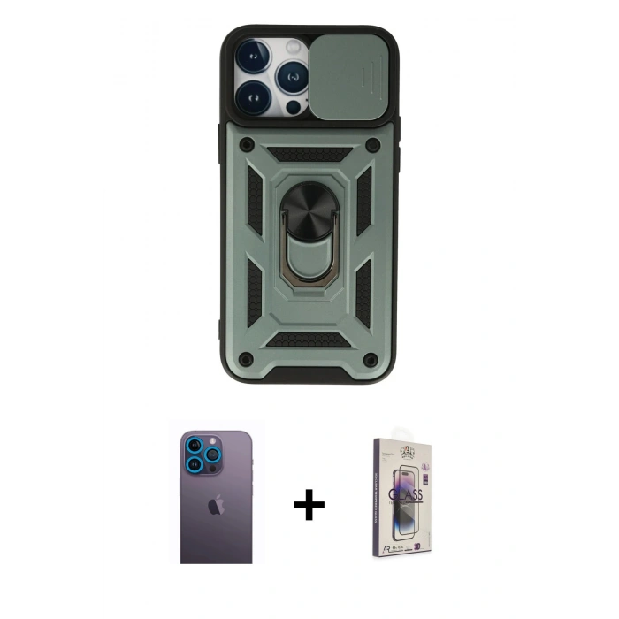 MARSİLYAN™- iPhone 13 Pro Max Kılıf Ahenk Klasik - Siyah Bilvis 3D Cam Ekran Koruyucu + Neon Fosforlu Kamera Lens - MI