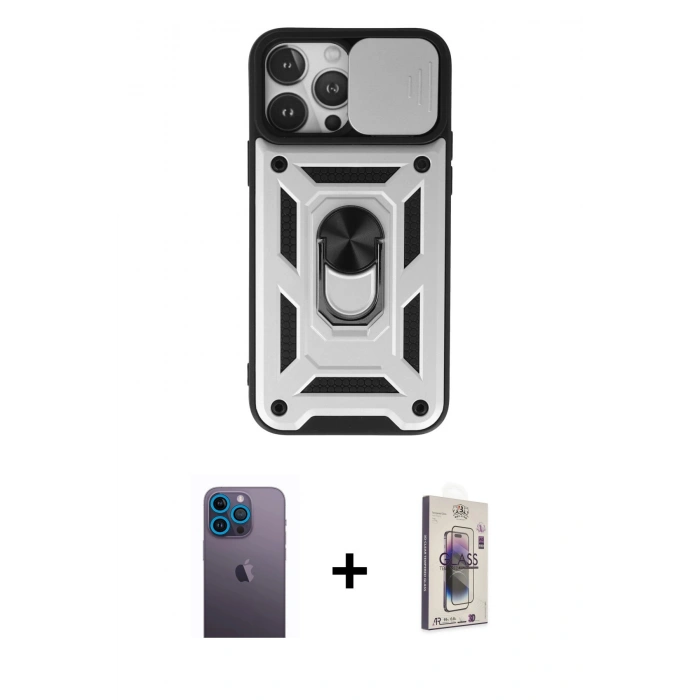 MARSİLYAN™- iPhone 13 Pro Max Kılıf Ahenk Klasik - Siyah Bilvis 3D Cam Ekran Koruyucu + Neon Fosforlu Kamera Lens - MI