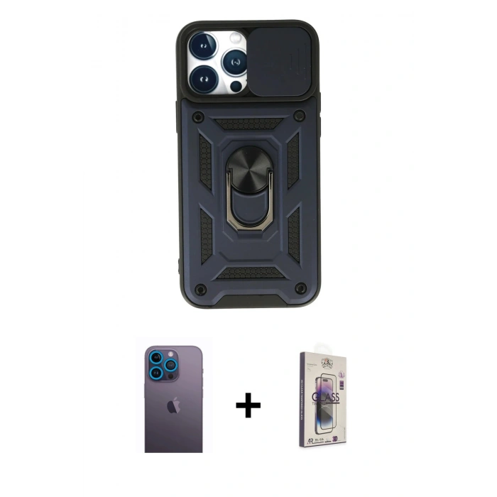 MARSİLYAN™- iPhone 13 Pro Max Kılıf Ahenk Klasik - Siyah Bilvis 3D Cam Ekran Koruyucu + Neon Fosforlu Kamera Lens - MI