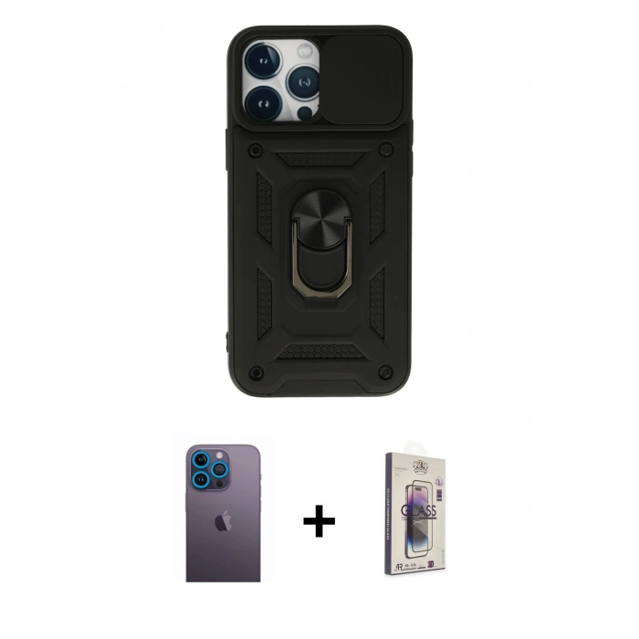 MARSİLYAN™- iPhone 13 Pro Max Kılıf Ahenk Klasik - Siyah Bilvis 3D Cam Ekran Koruyucu + Neon Fosforlu Kamera Lens - MI