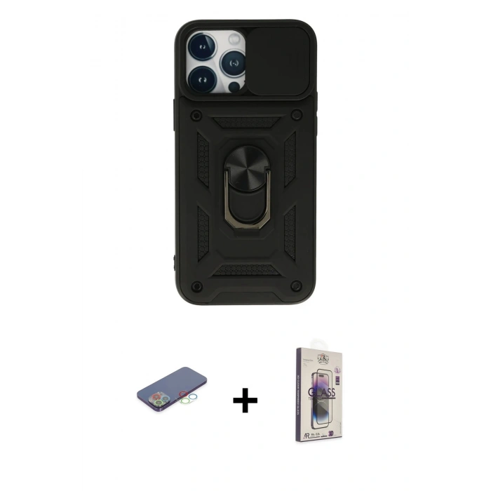 MARSİLYAN™- iPhone 13 Pro Max Kılıf Ahenk Klasik - Siyah Bilvis 3D Cam Ekran Koruyucu + Renkli Kamera Lens Koruma Cam - MI