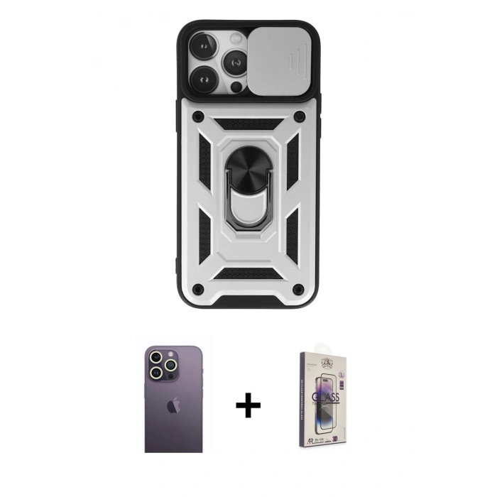 MARSİLYAN™- iPhone 13 Pro Max Kılıf Ahenk Klasik - Siyah Bilvis 3D Cam Ekran Koruyucu + Neon Fosforlu Kamera Lens - BZ