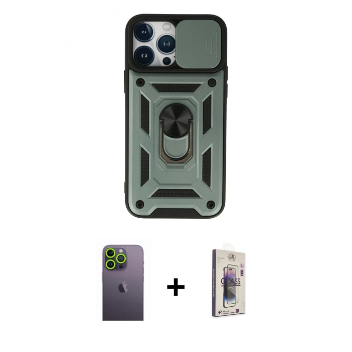 MARSİLYAN™- iPhone 13 Pro Max Kılıf Ahenk Klasik - Siyah Bilvis 3D Cam Ekran Koruyucu + Neon Fosforlu Kamera Lens - YL