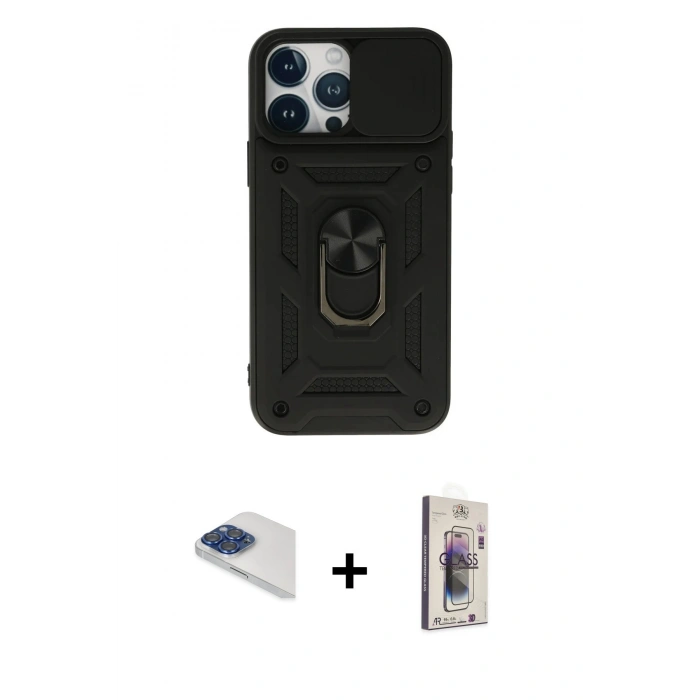 MARSİLYAN™- iPhone 13 Pro Max Kılıf Ahenk Klasik - Siyah Bilvis 3D Cam Ekran Koruyucu + Pers Alüminyum Kamera Lens - LT